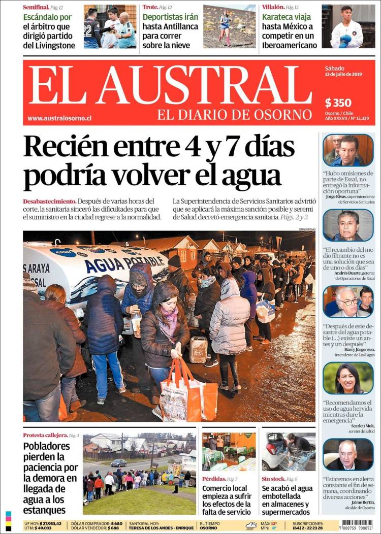 Portada de El Austral de Osorno (Chile)