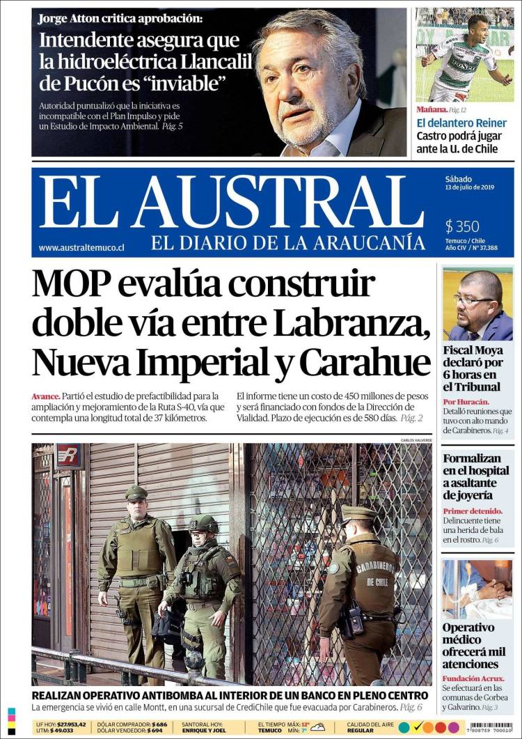 Portada de El Austral de Temuco (Chile)