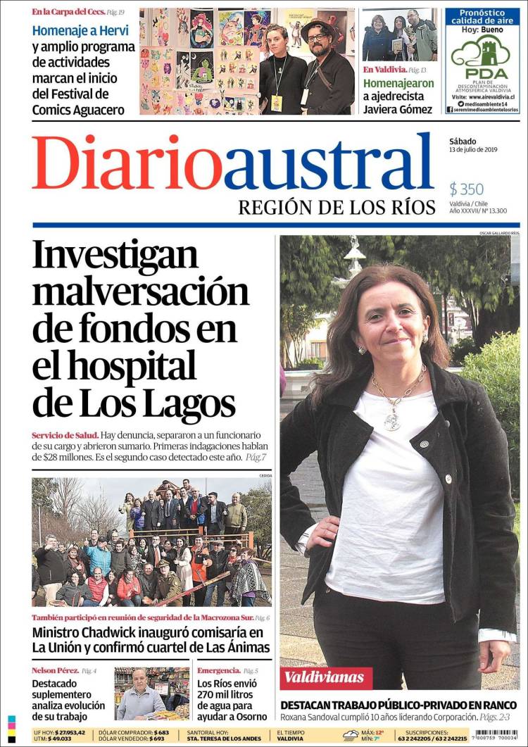 Portada de El Diario Austral de Valdivia (Chile)
