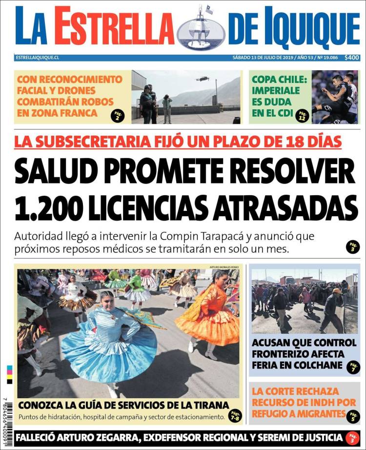 Portada de La Estrella de Iquique (Chile)