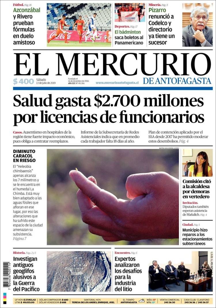 Portada de El Mercurio de Antofagasta (Chile)