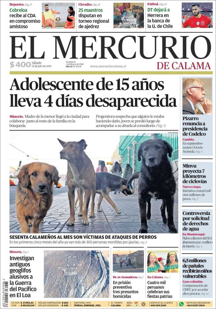 Portada de El Mercurio - Calama (Chile)