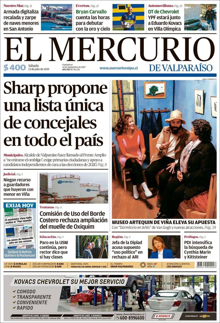 Portada de Mercurio de Valparaiso (Chile)