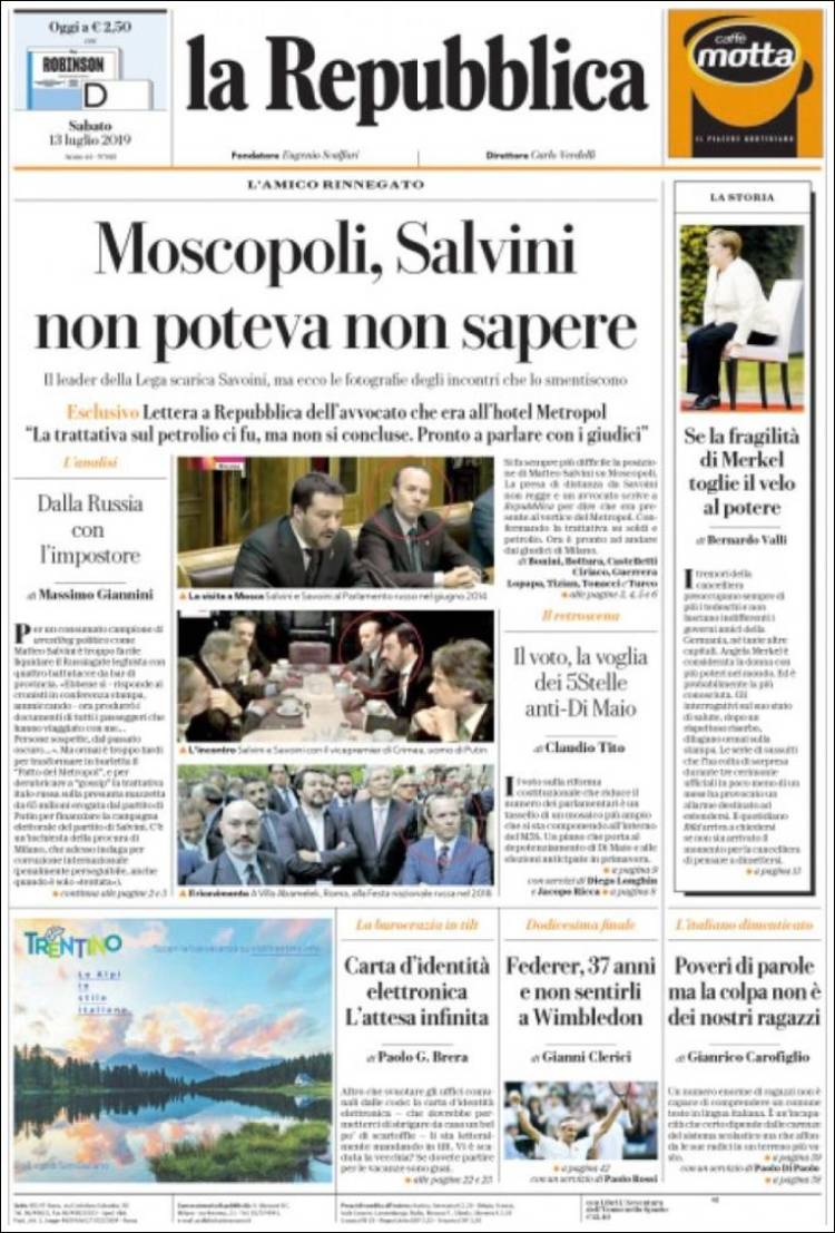 Portada de La Repubblica (Italia)