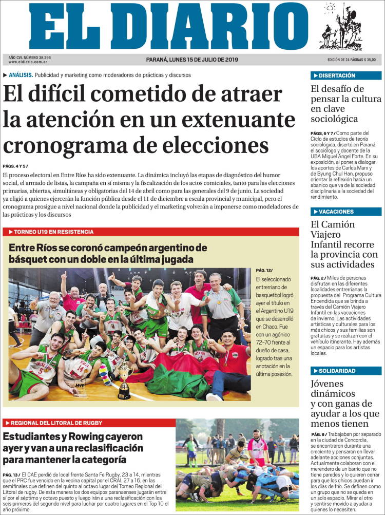 Portada de El Diario de Paraná (Argentina)