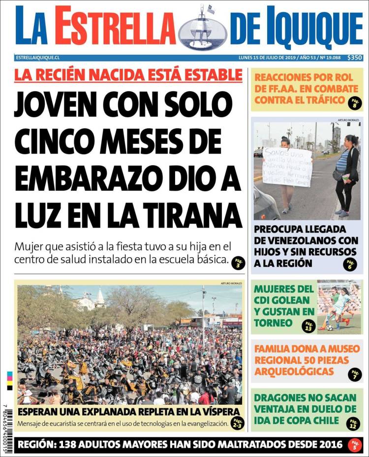 Portada de La Estrella de Iquique (Chile)