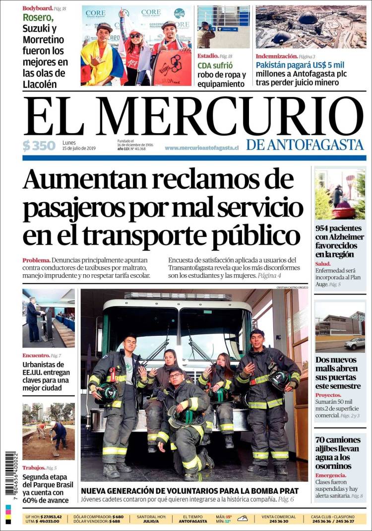 Portada de El Mercurio de Antofagasta (Chile)