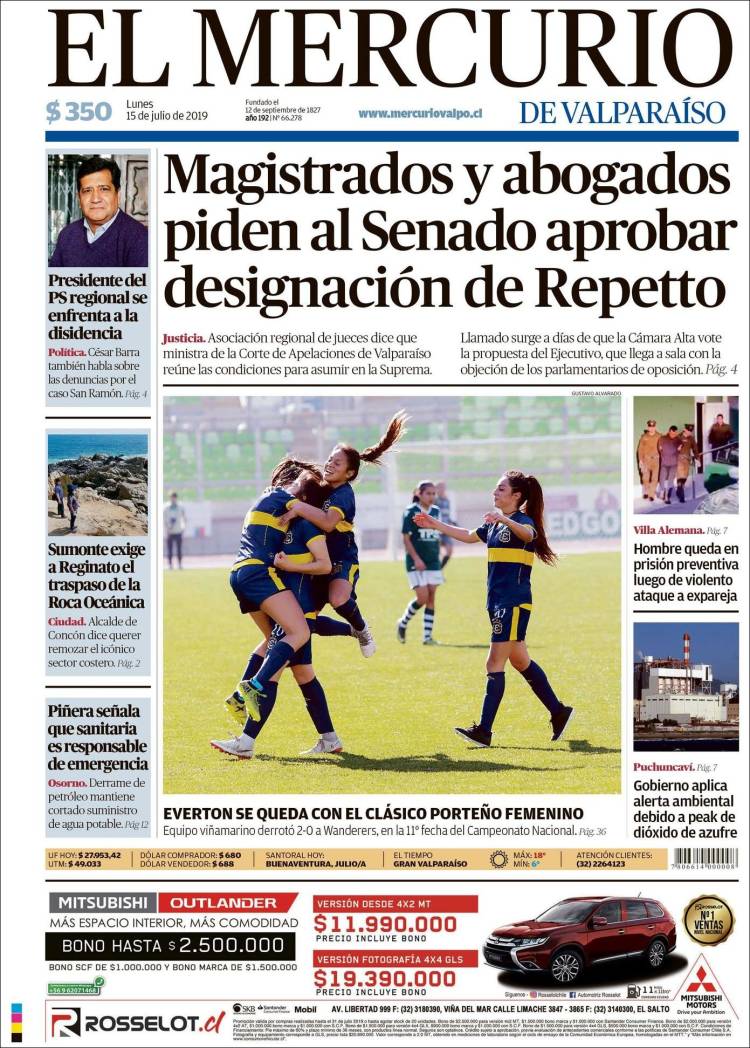 Portada de Mercurio de Valparaiso (Chile)