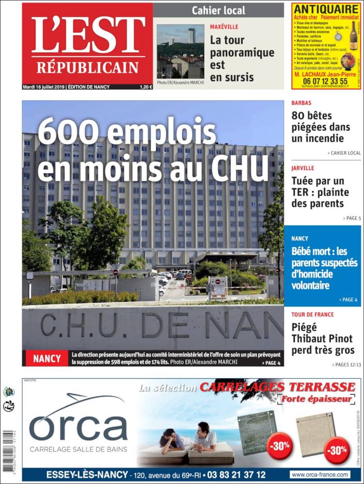 Portada de L'Est Republicain (Francia)