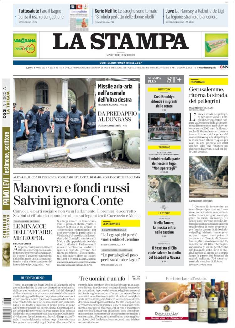 Portada de La Stampa (Italia)