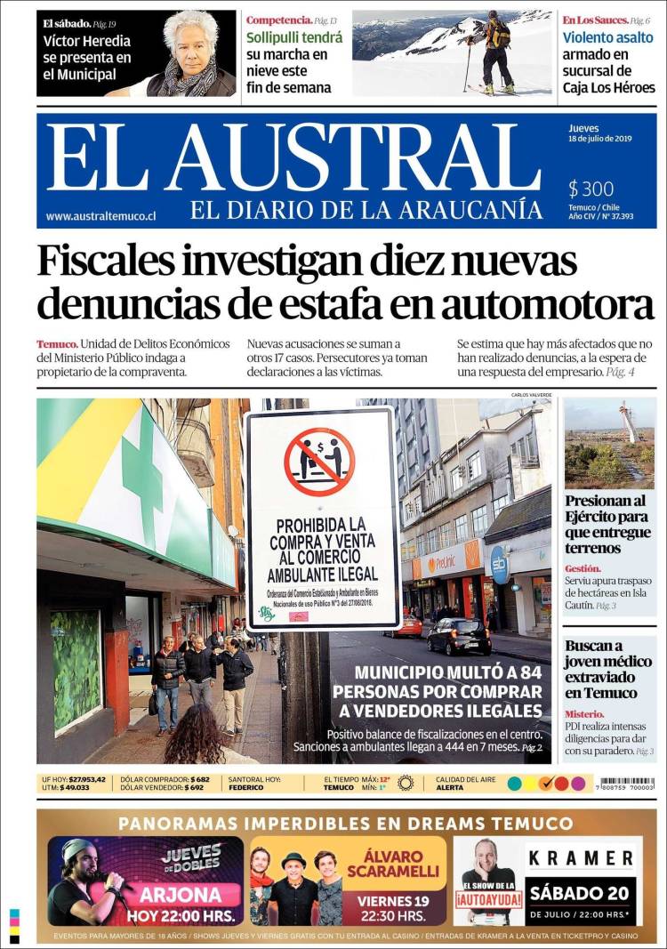 Portada de El Austral de Temuco (Chile)