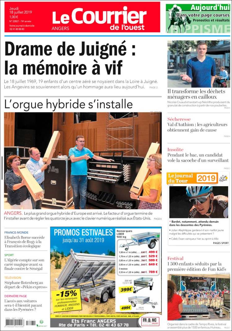 Portada de Le Courrier de l'Ouest (France)