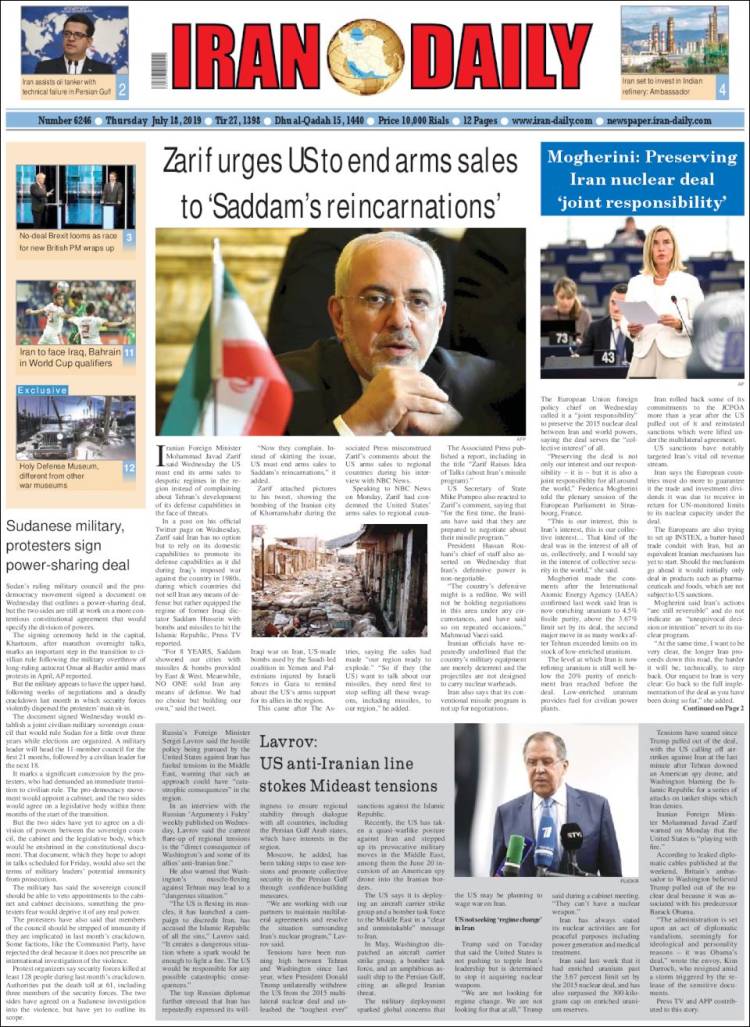 Periódico Iran Daily (Irán). Periódicos de Irán. Edición de jueves, 18