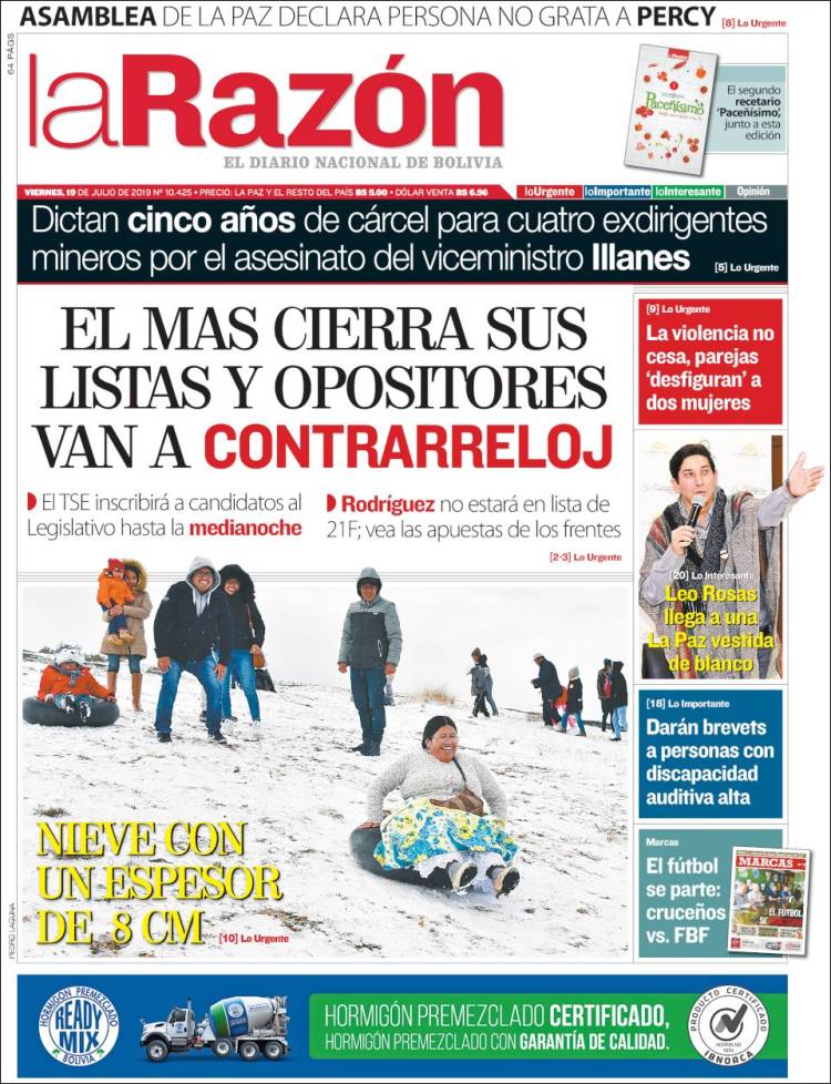 Portada de La Razón (Bolivia)
