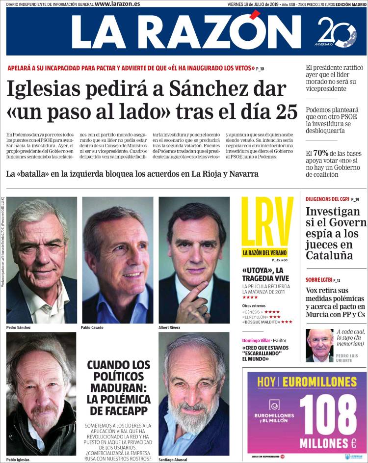 Portada de La Razón (España)