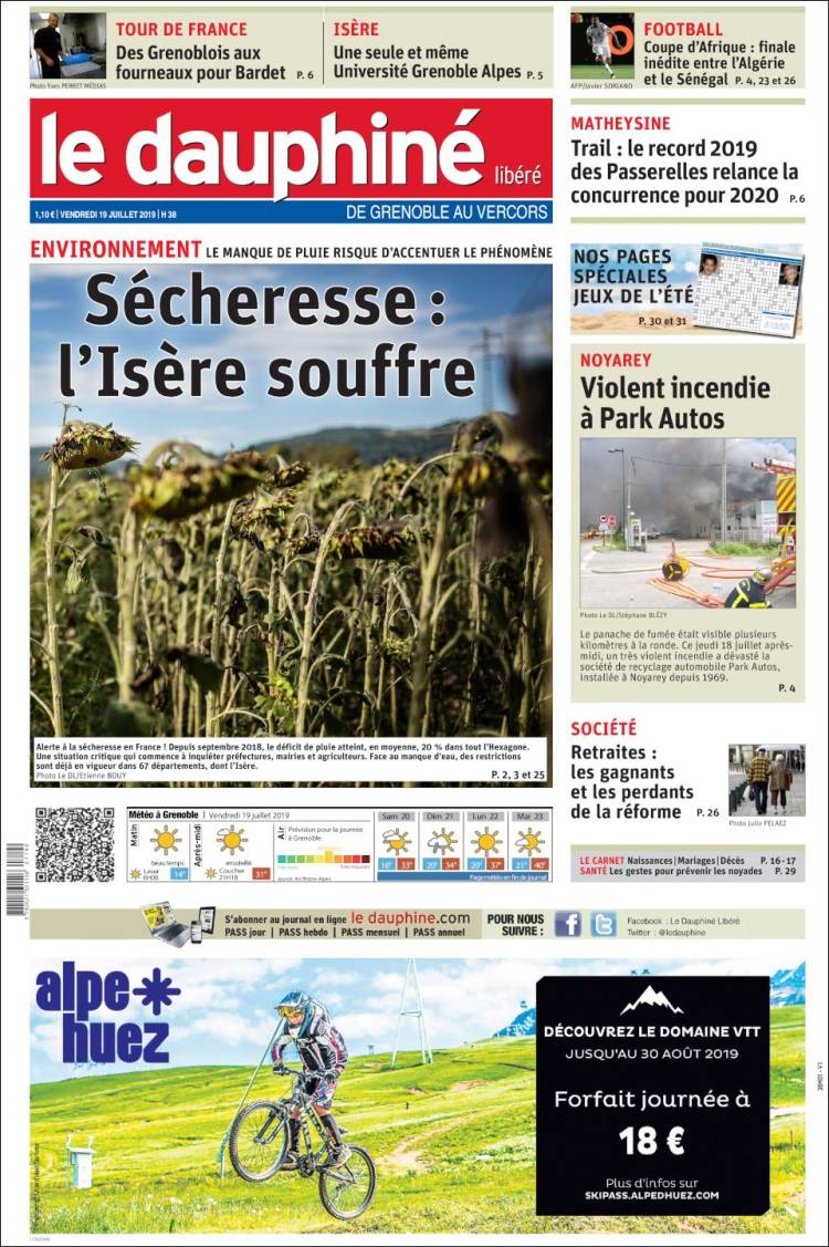 Portada de Le Dauphiné Libéré (Francia)