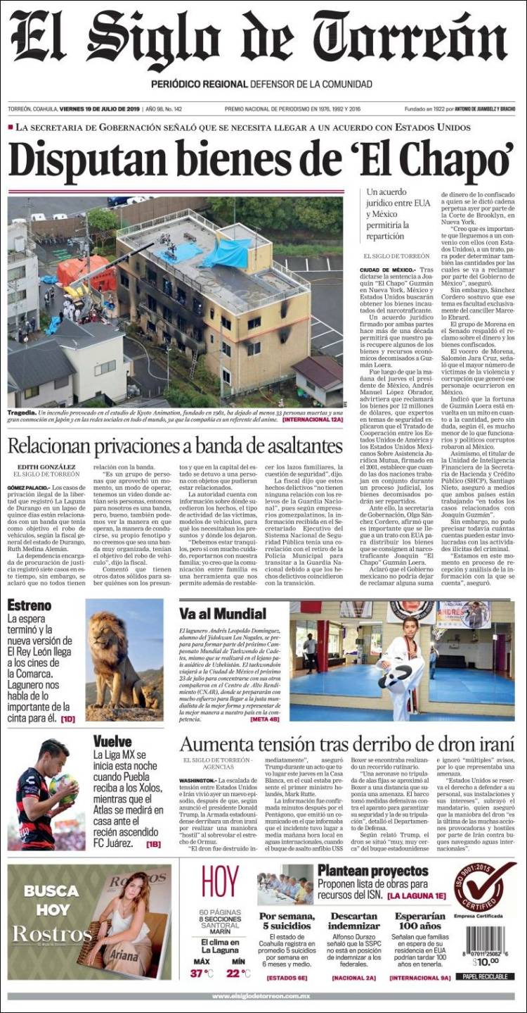 Portada de El Siglo de Torreon (M&eacute;xico)