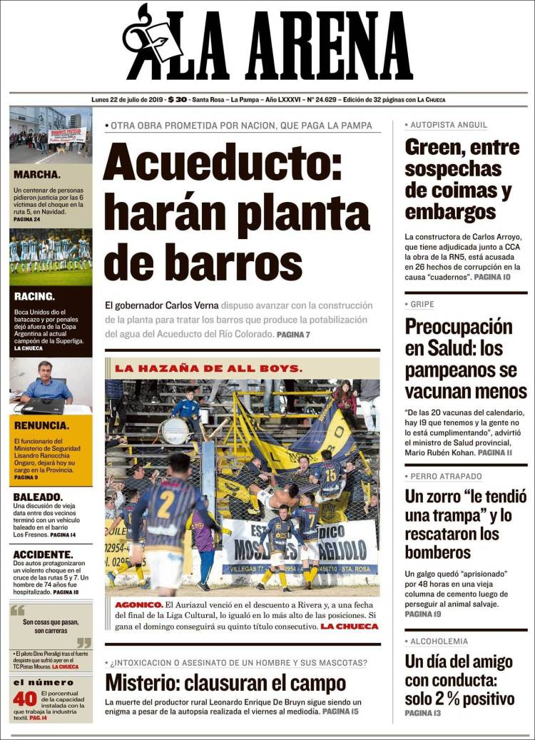 Portada de Diario La Arena (Argentina)