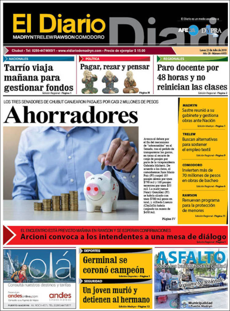 Portada de El Diario de Madryn (Argentina)
