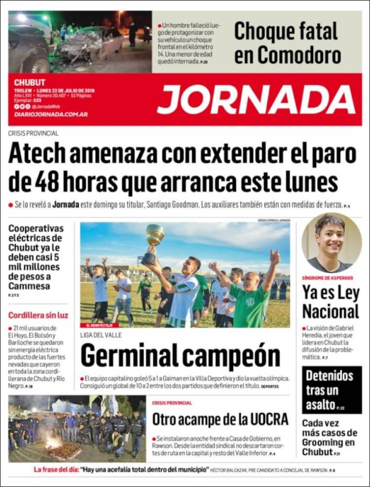 Portada de Diario Jornada en la Patagonia (Argentina)