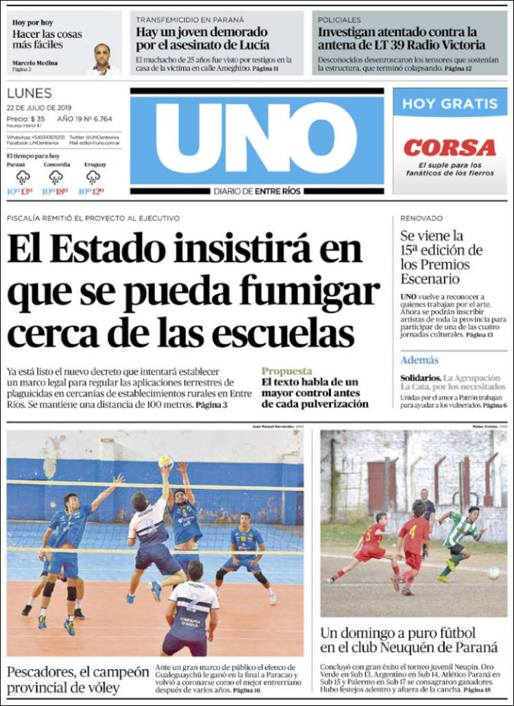 Portada de Diario Uno de Entre Ríos (Argentina)