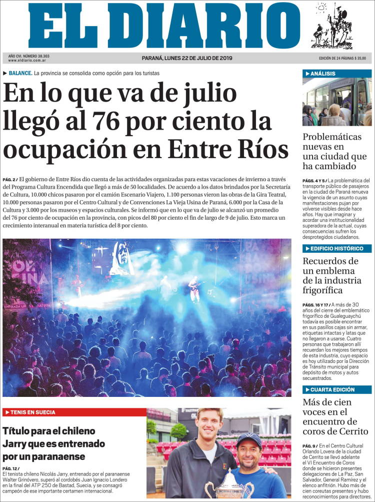Portada de El Diario de Paraná (Argentina)