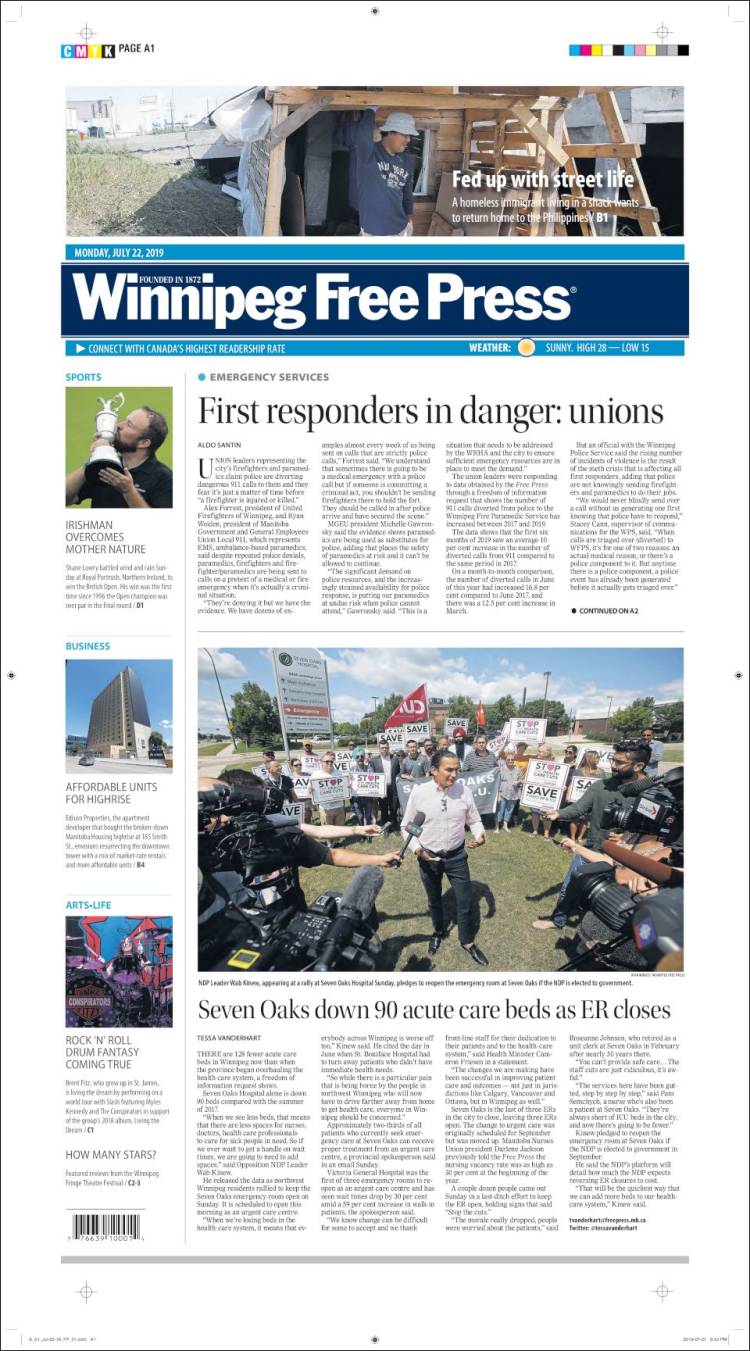 Portada de Winnipeg Free Press (Canada)