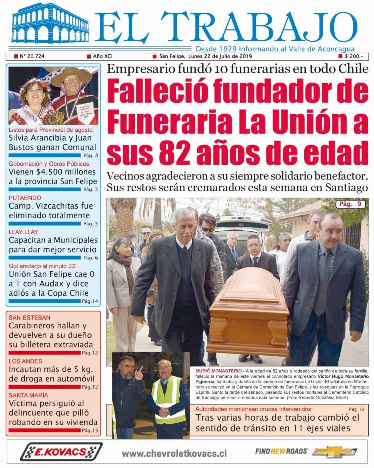 Portada de El Trabajo (Chile)