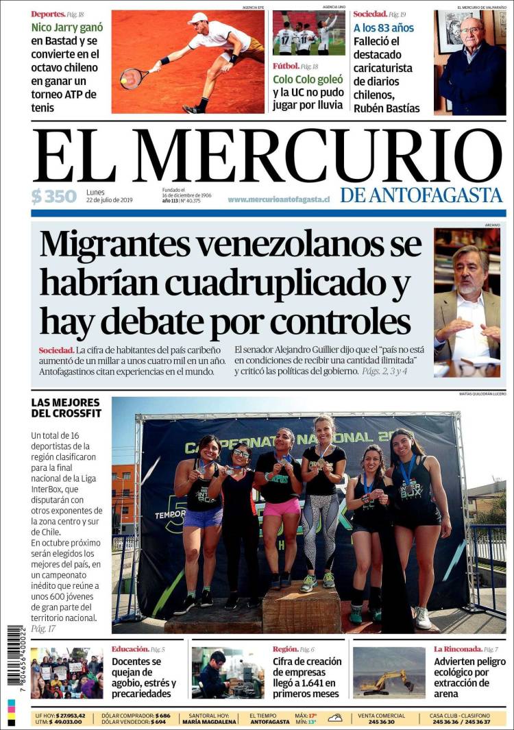 Portada de El Mercurio de Antofagasta (Chile)