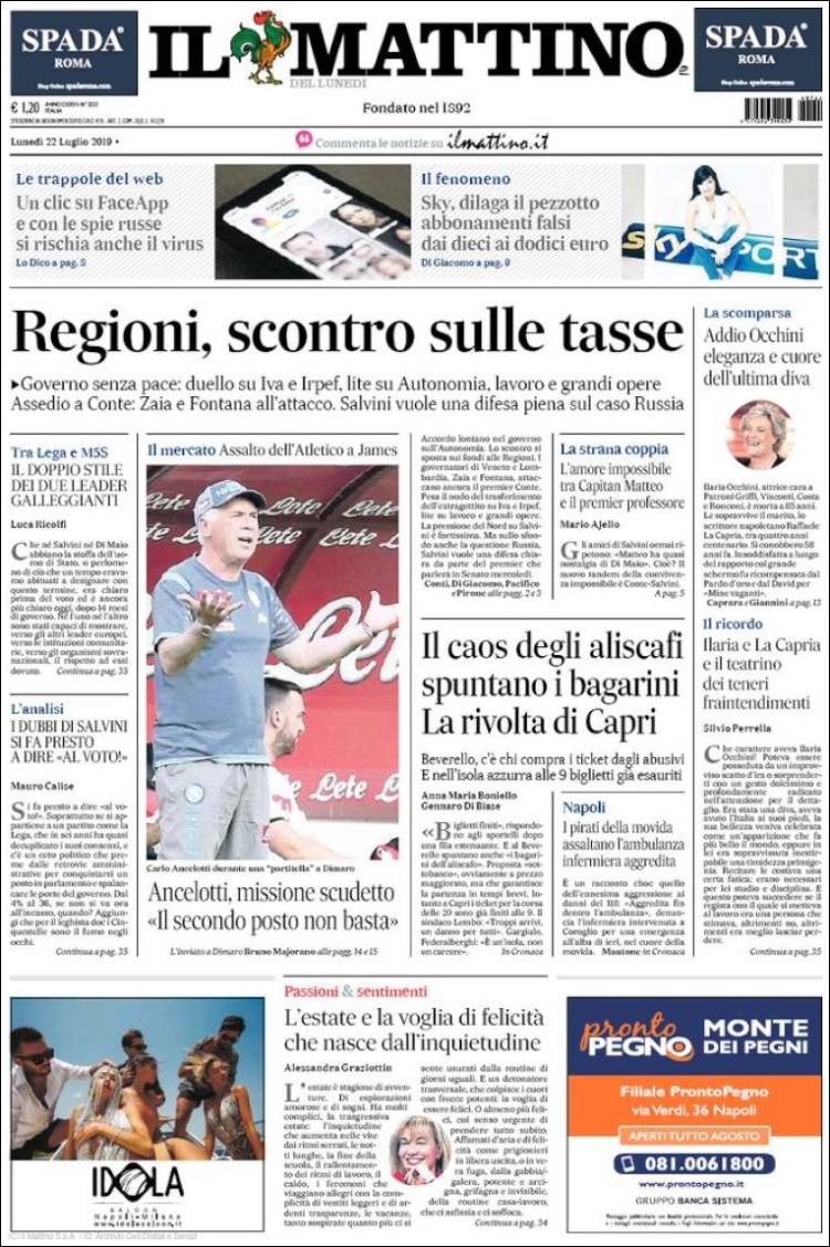 Portada de Il Mattino (Italia)