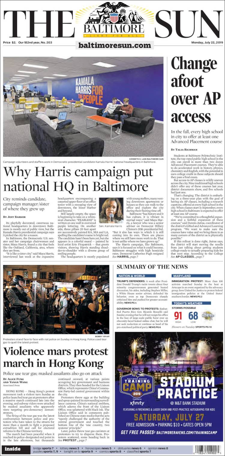 Portada de The Baltimore Sun (États-Unis)