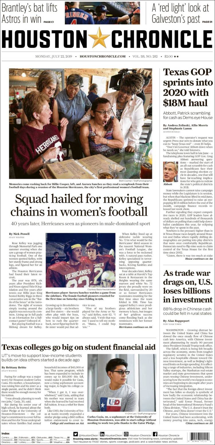 Portada de Houston Chronicle (USA)