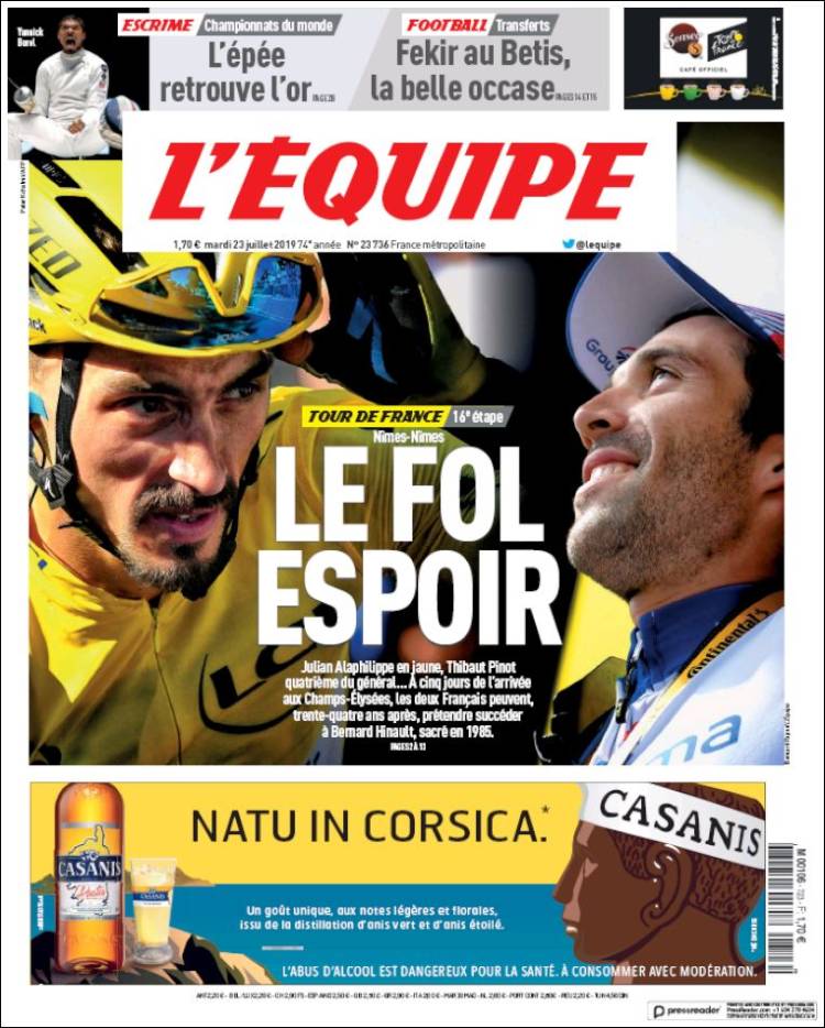 Portada de L'Equipe (Francia)