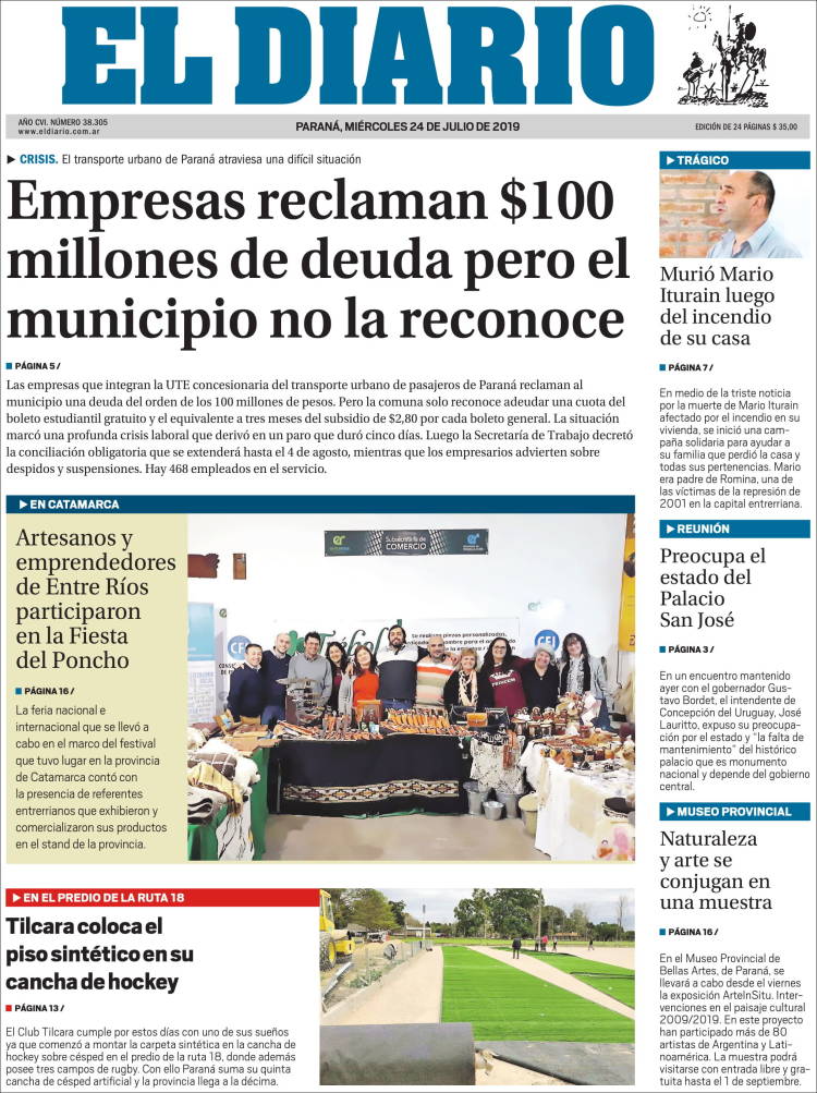 Portada de El Diario de Paraná (Argentina)