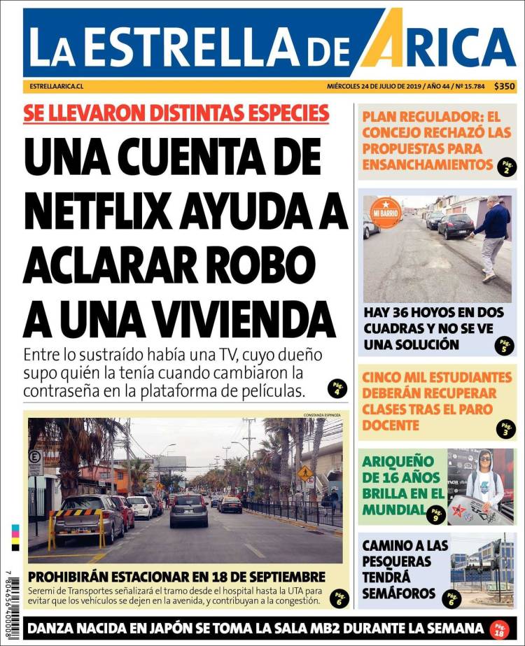 Portada de La Estrella de Arica (Chile)
