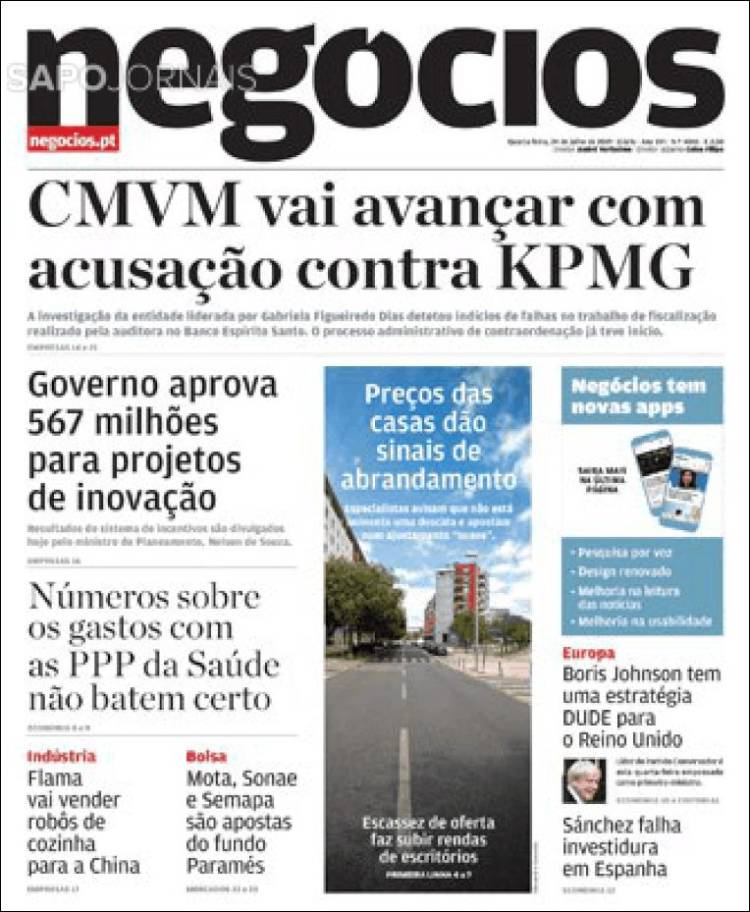 Portada de Jornal de Negócios (Portugal)