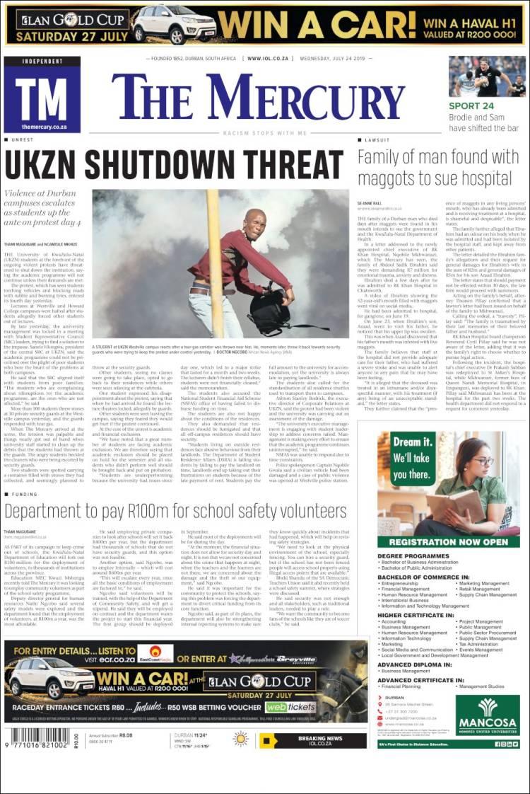 Portada de The Mercury (Sud&aacute;frica)