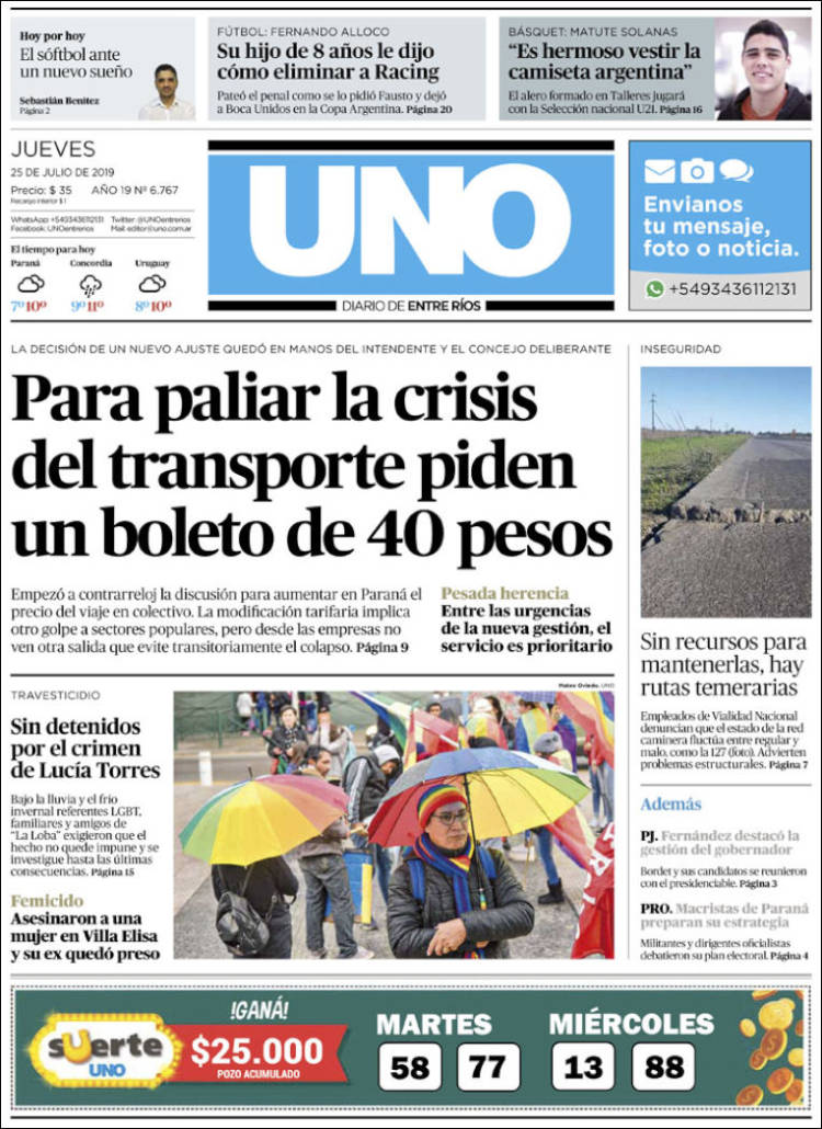 Portada de Diario Uno de Entre Ríos (Argentina)