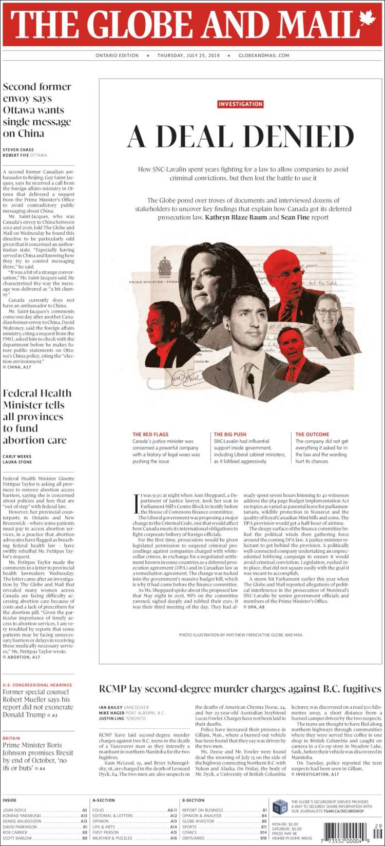 Portada de The Globe and Mail (Canada)