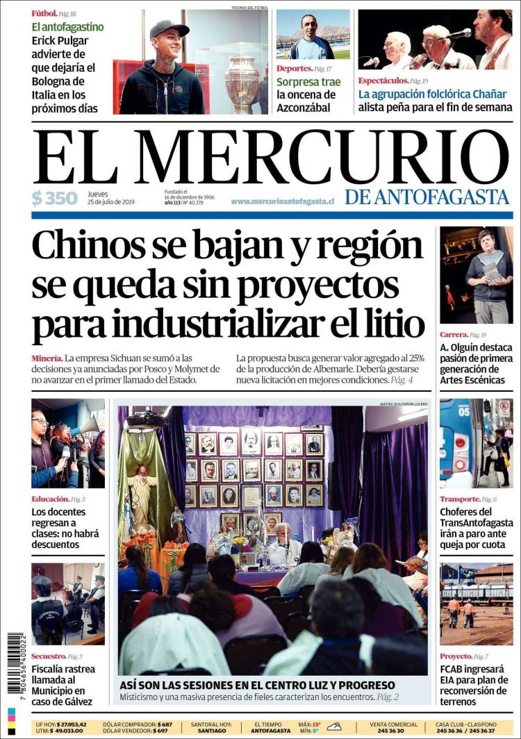 Portada de El Mercurio de Antofagasta (Chile)
