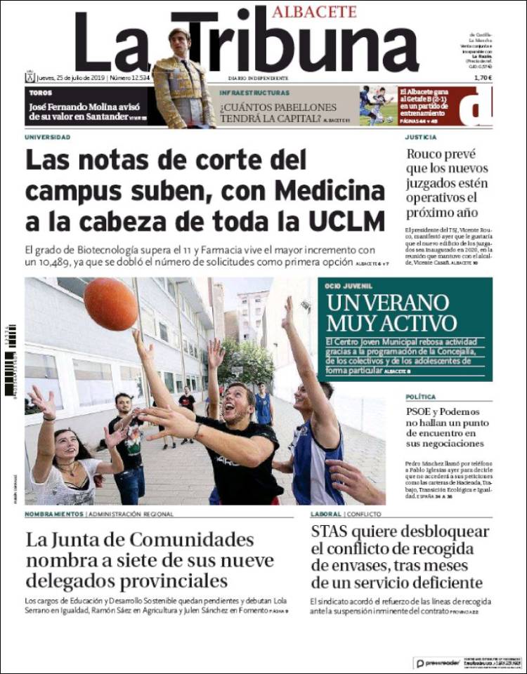 Portada de La Tribuna de Albacete (Espa&ntilde;a)