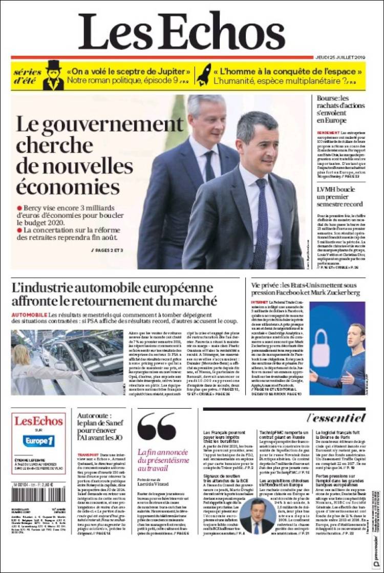 Portada de Les Echos (Francia)