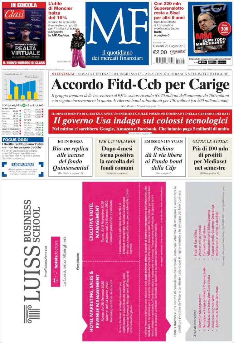 Portada de Milano Finanza (Italia)