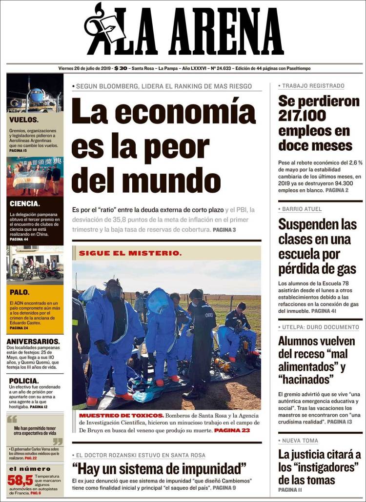 Portada de Diario La Arena (Argentina)