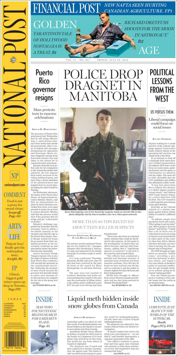 Portada de The National Post (Canada)