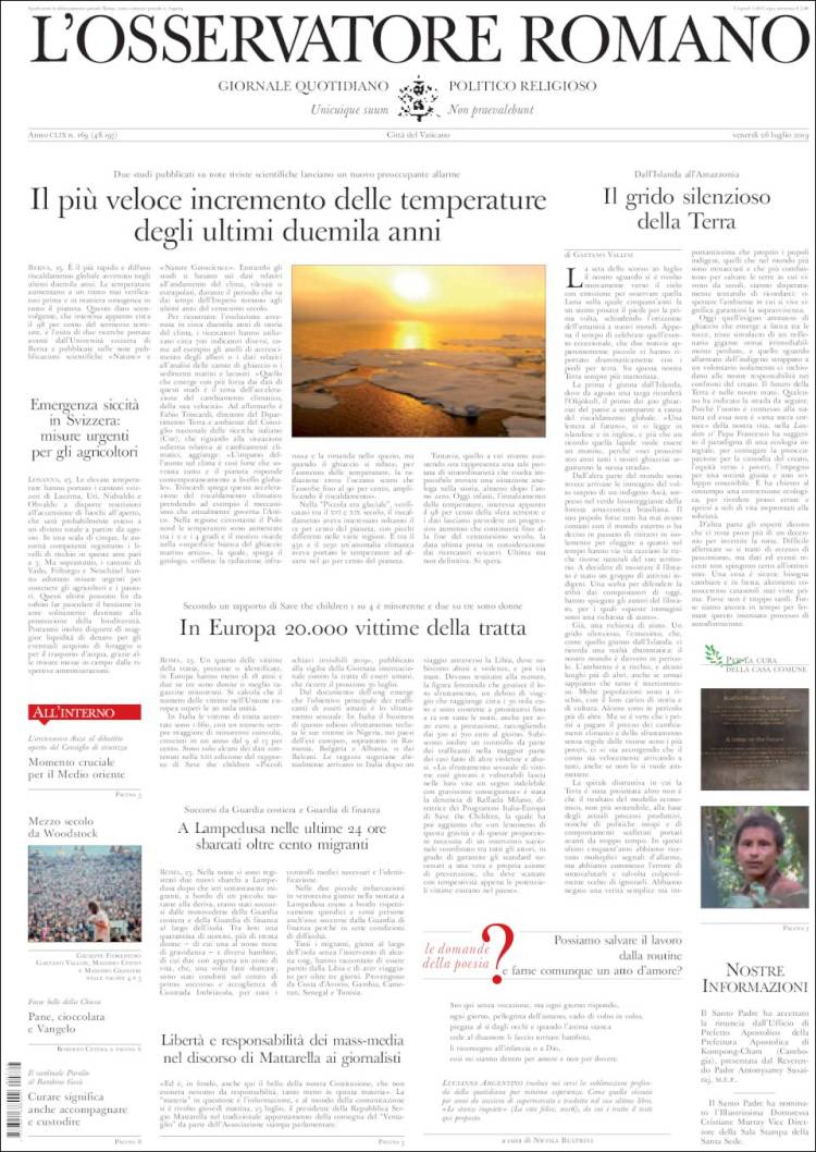 Portada de L'Osservatore Romano (Italie)