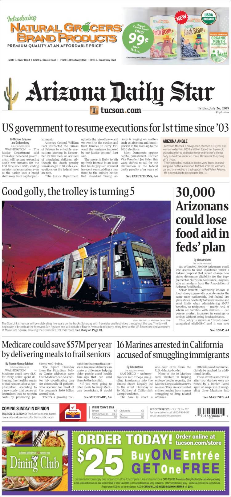 Portada de Arizona Daily Star (USA)