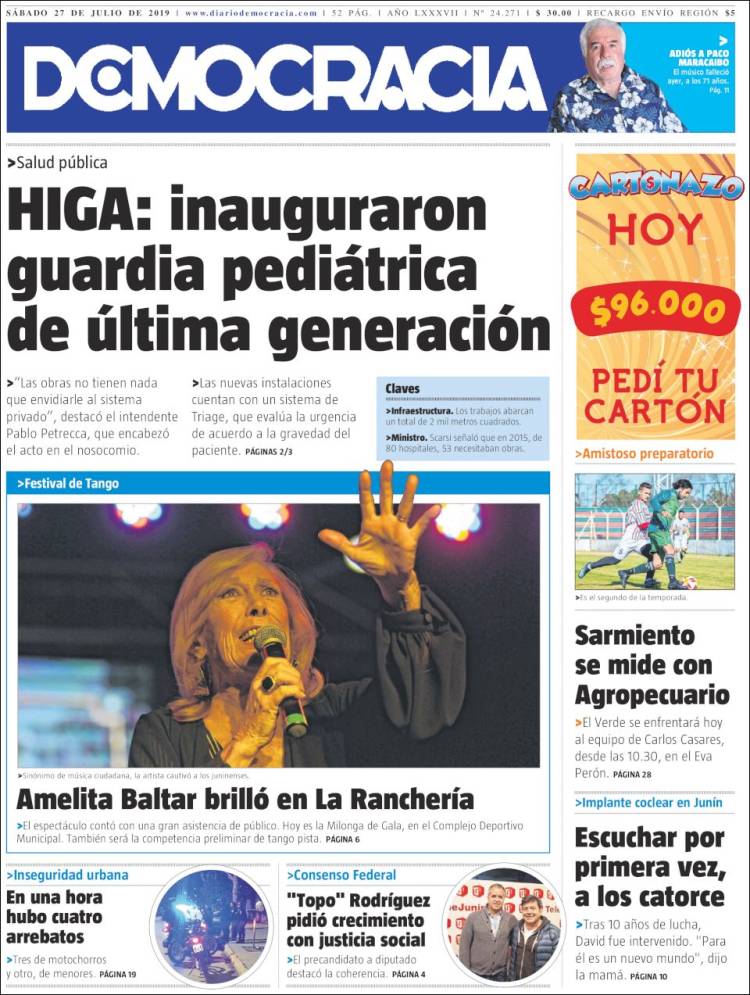 Portada de Diario Democracia (Argentina)