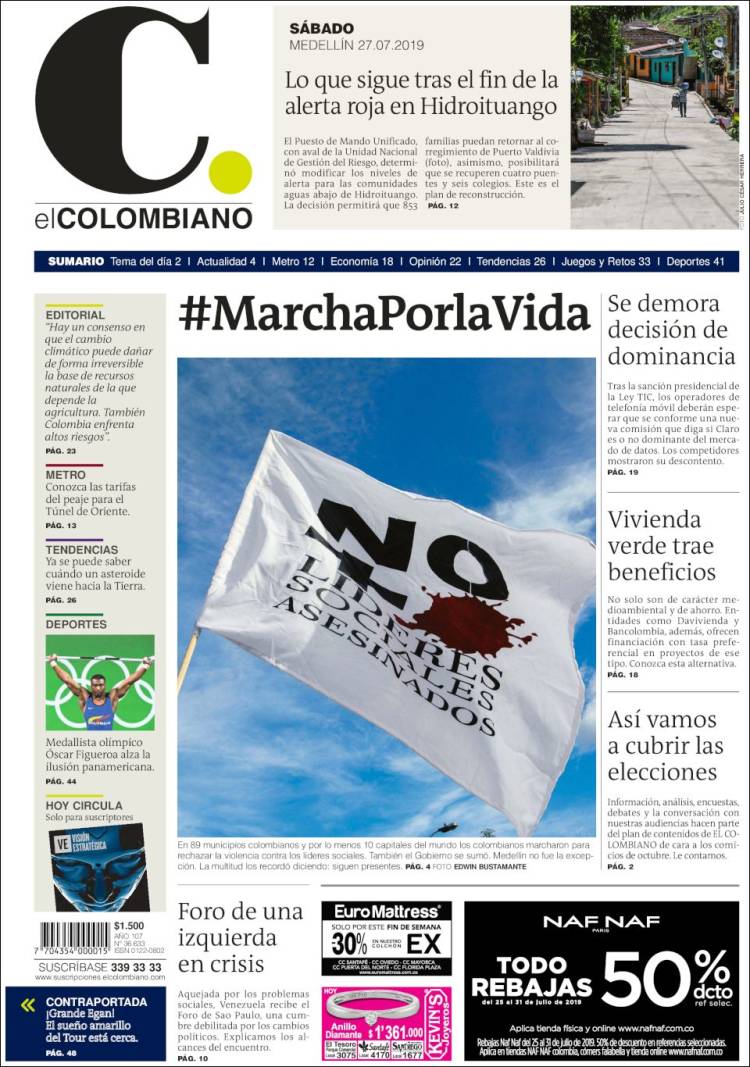 Portada de El Colombiano (Colombia)