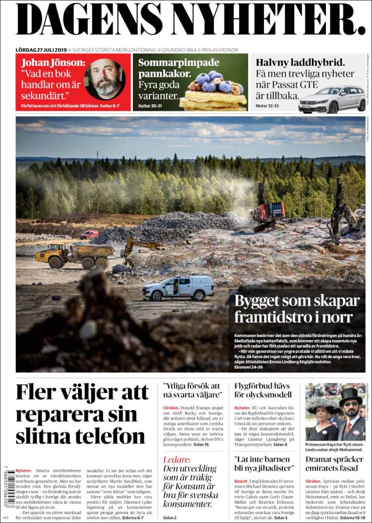 Portada de Dagens Nyheter (Su&egrave;de)